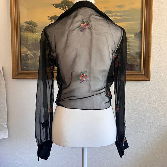 Vintage 70s black sheer crop top blouse floral embroidered boho whimsigoth Small - Picture 3 of 10